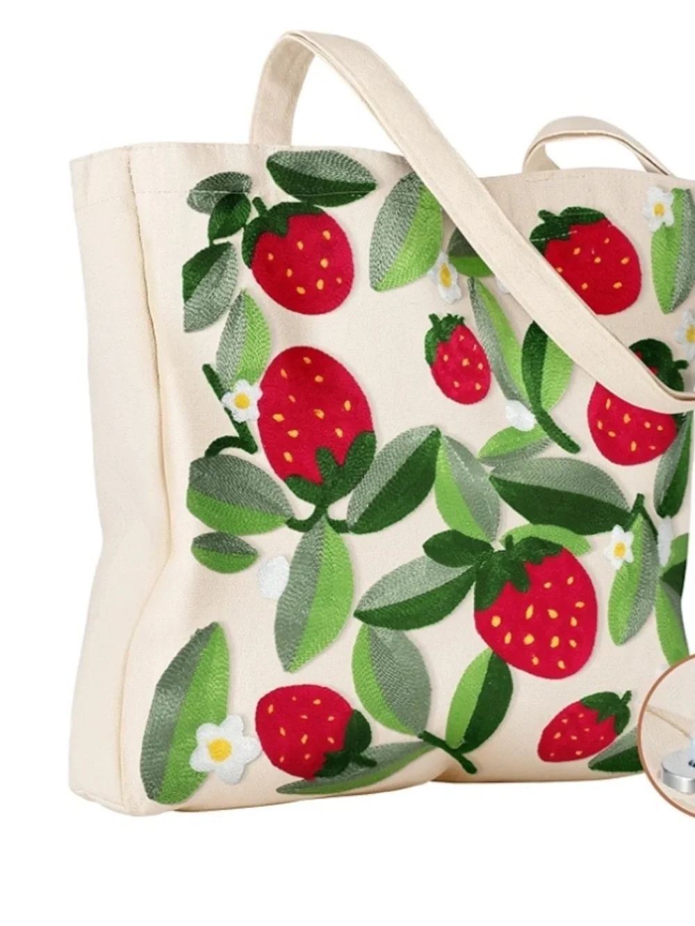 Strawberry embroidered canvas tote bag
